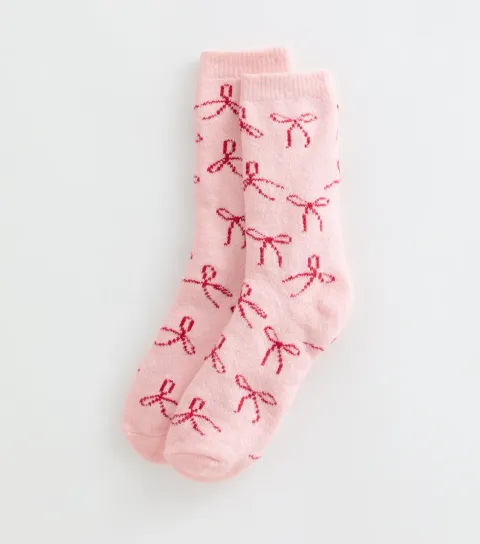 New Look Light Pink Cosy Knit Bow Pattern Ankle Socks