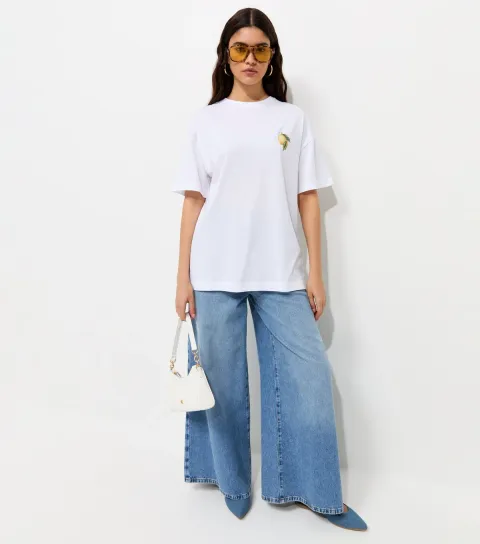 Women's White Cotton Lemon Bag Print Oversized T-Shirt