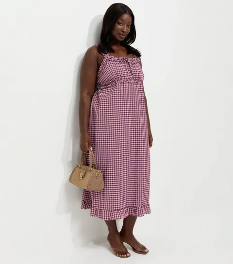Women's Plus Size Pink Frilly Gingham Midi Dress Curves