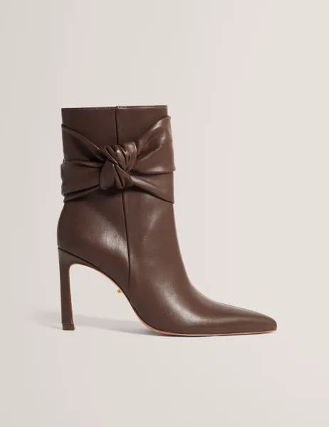 Leather Side Knot Stiletto Heel Ankle Boots Brown