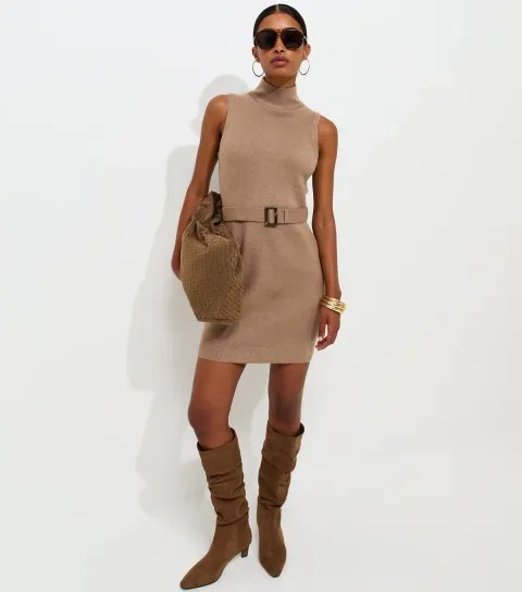 New Look Women's Mink Knit Belted Sleeveless Mini Dress