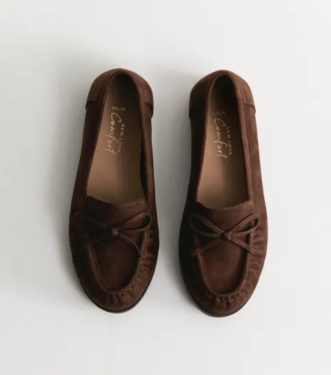Women's Wide Fit Dark Brown Faux Suede Bow Loafers Vegan