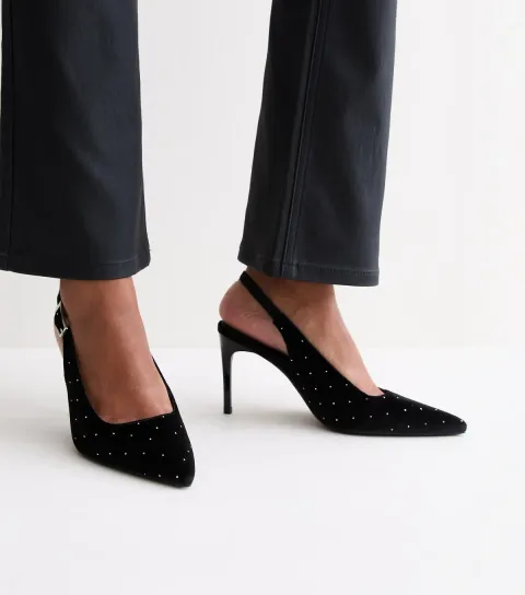 New Look Women's Black Velvet Diamanté Slingback Court Shoes Vegan