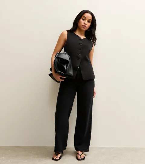 Women's Petite Black Elasticated Back Wide Leg Jeans