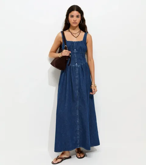 Women's Blue Cotton Milkmaid Denim Midi Dress