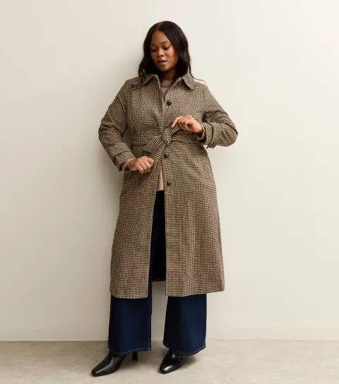 Women's Curve Brown Checked Belted Midi Coat