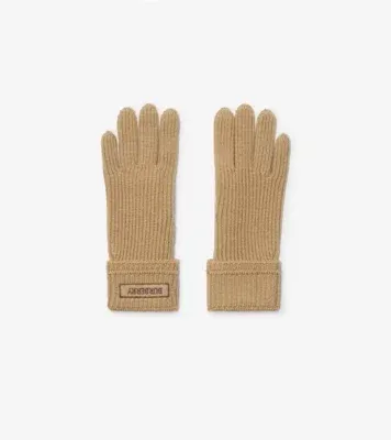 Logo Patch Wool Blend Gloves in Sand beige