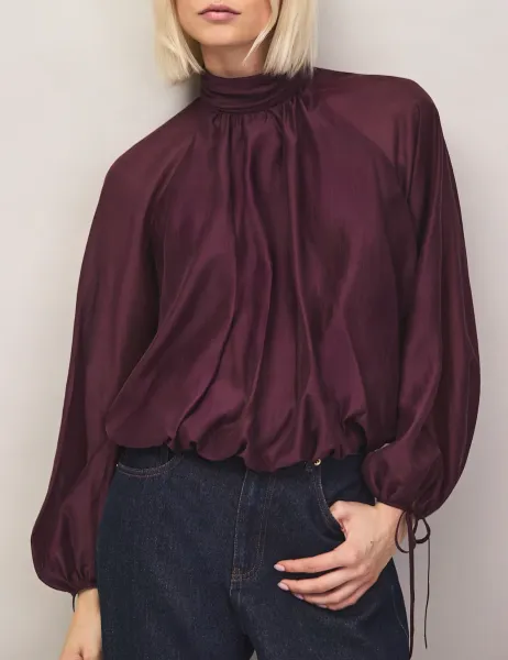 RO&ZO Lyocell Rich High Neck Tie Cuff Blouse Burgundy