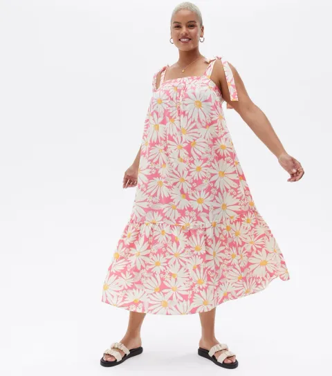 Women's Plus Size Pink Daisy Strappy Midi Smock Dress Curves