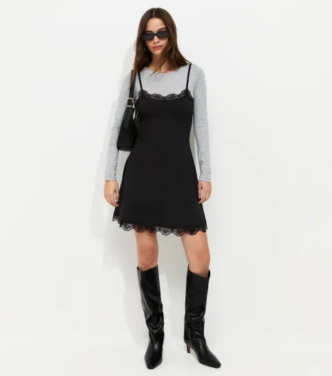 Women's Black 2in1 Lace Trim Layered Strappy Mini Dress