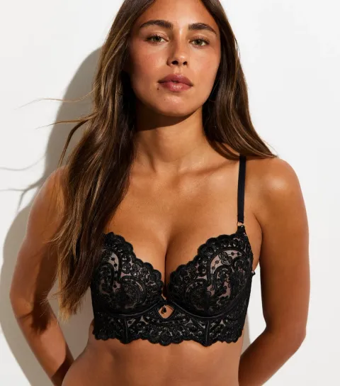 Women's Black Sequin Embroidered Longline Push Up Bra
