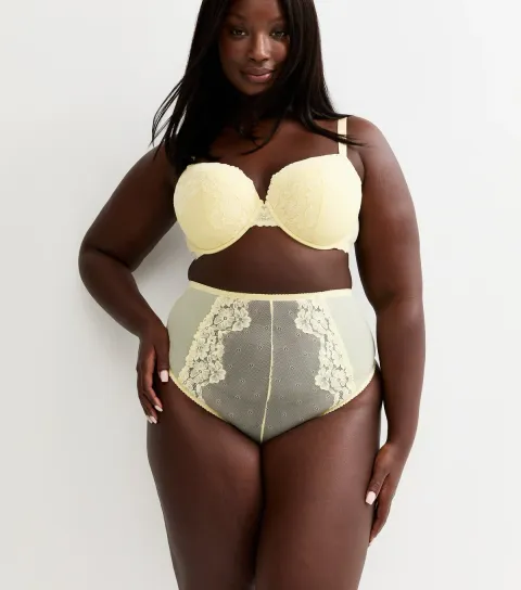 Women's Plus Size Light Yellow Floral Lace High Waist Thong Curves