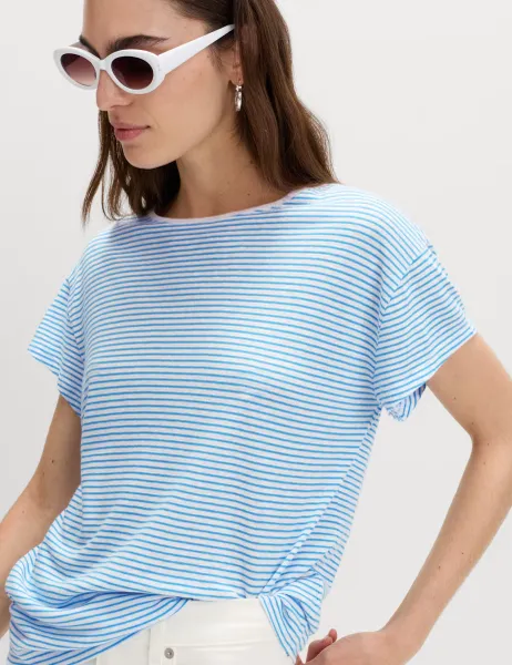Marks & Spencer Linen Blend Striped T-Shirt Blue Mix