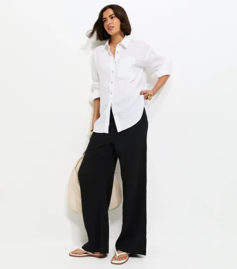 Women's Black Cotton Textured Drawstring Wide Leg Trousers