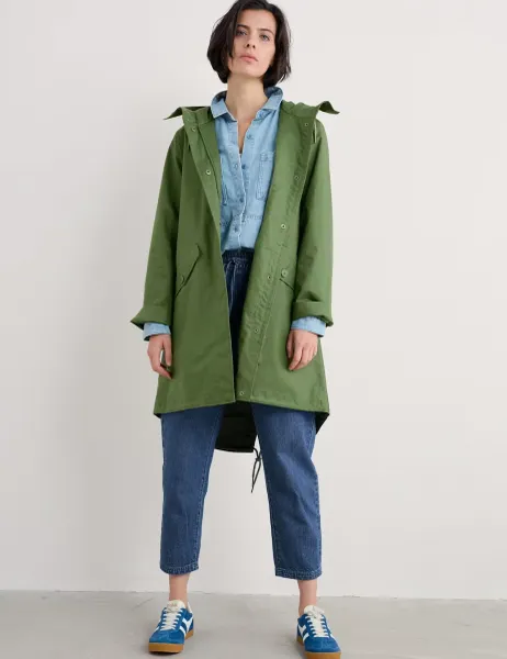 Seasalt Cornwall Linen Rich Waterproof Hooded Longline Coat Green