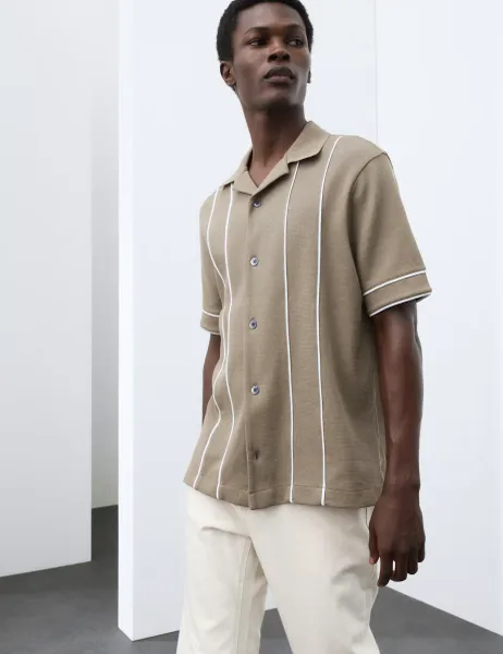 Autograph Cotton Rich Piped Stripe Knitted Polo Shirt Sable