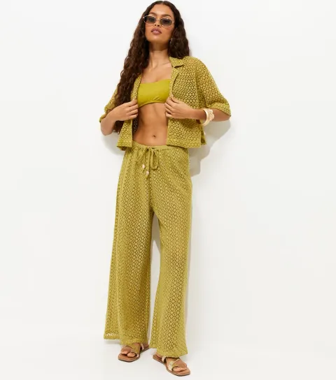 Women's Petite Green Crochet Wide Leg Trousers