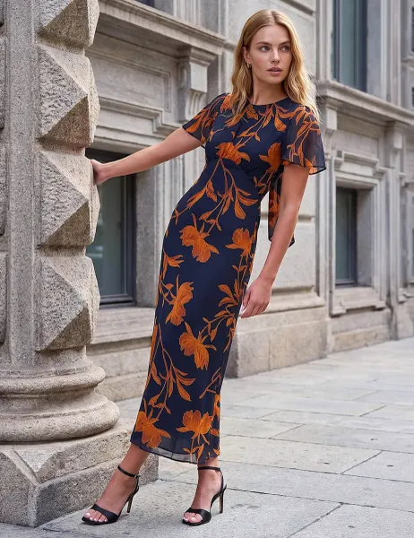 Roman Printed Scoop Neck Bow Detail Waisted Dress Black