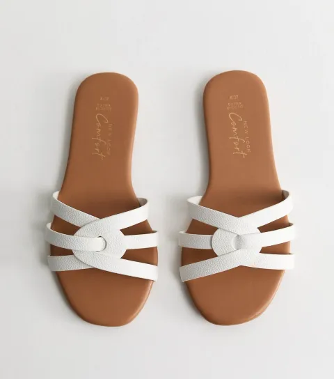 Women's Extra Wide Fit White Faux Leather Interwoven Flat Mule Sandals Vegan