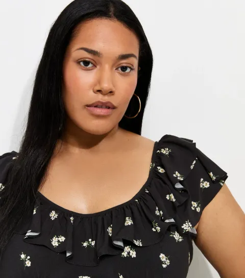Women's Plus Size Black Floral Print Ruffle Neck Midi Dress Curves