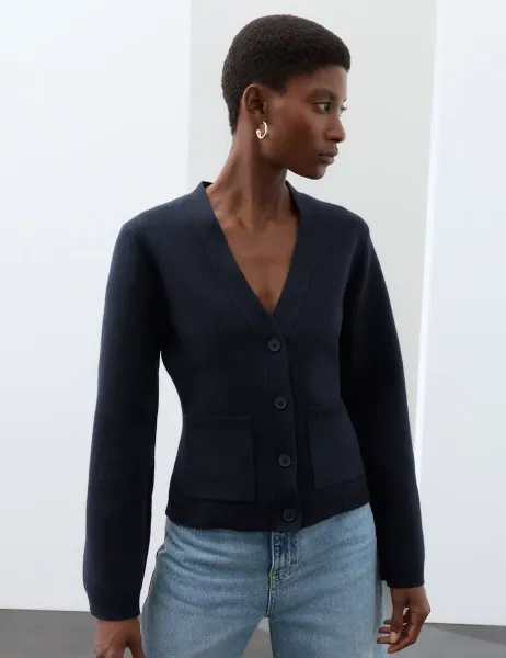Autograph Cotton Blend V-Neck Cardigan Midnight Navy