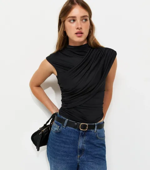 Women's Black Jersey Draped Sleeveless Top