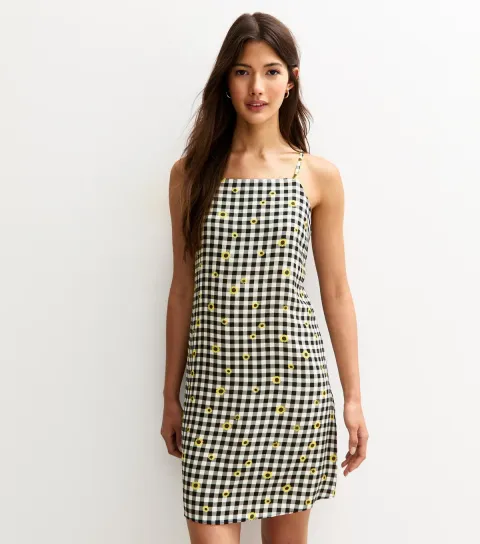 Women's Black Gingham Sunflower Print Mini Shift Dress