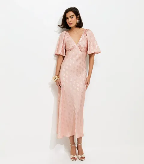 Women's Pink Paisley Pattern Jacquard Flutter Sleeve Midi Dress