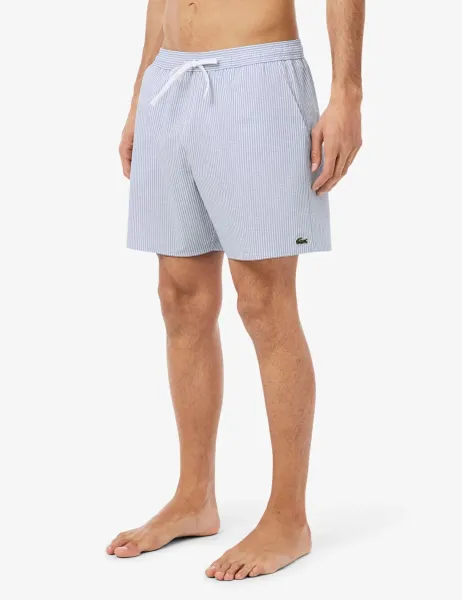 Lacoste Mid Length Striped Textured Swim Trunks Blue Mix