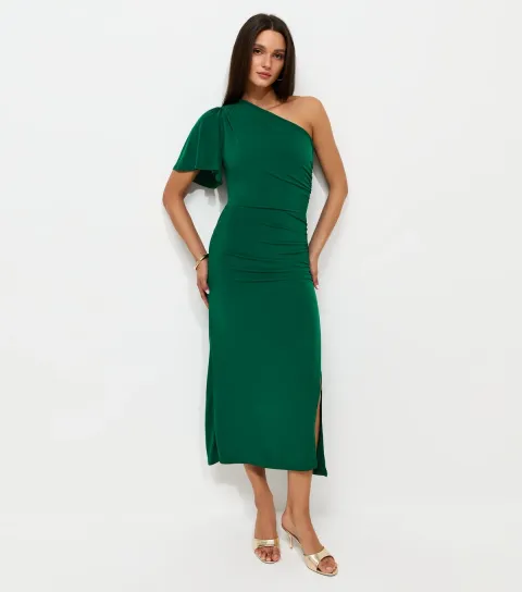New Look Women's Dark Green One Shoulder Angel Sleeve Midi Dress