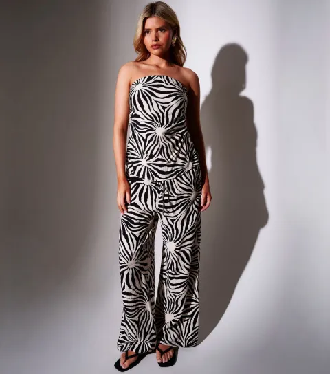 Women's Black Sunburst Print Textured Wide Leg Trousers
