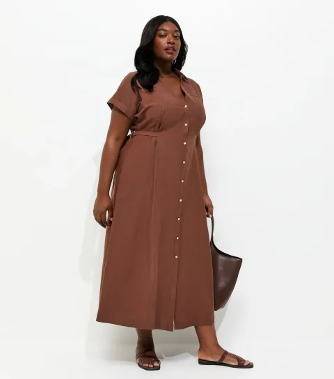 Women's Plus Size Dark Brown With Cotton Midi Shirt Dress Curves