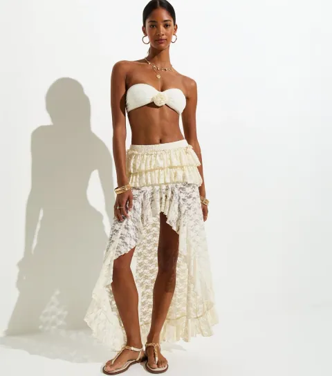 Women's Cream Ruffled Lace Dipped Hem Skirt