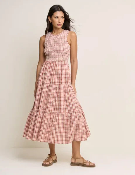 Nobody's Child Pure Cotton Gingham Midaxi Waisted Dress Red Mix