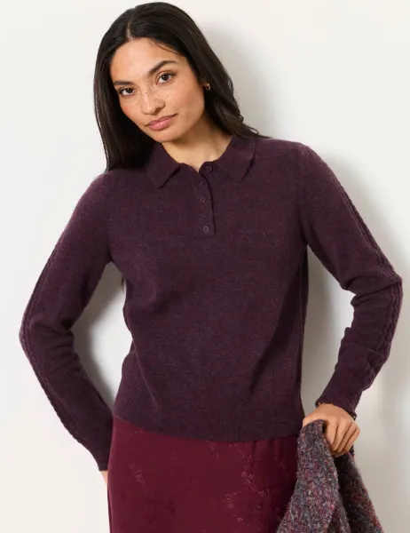 Wool Blend Collared Polo Jumper with Alpaca Purple