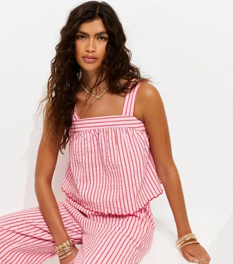Women's Pink Striped Square Neck Cami Top