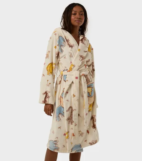 Skinnydip Women's White Fleece Winne The Pooh Print Dressing Gown