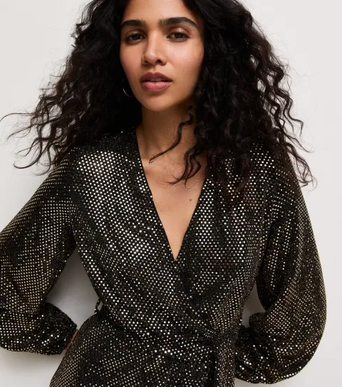 New Look Women's Black Sequin Wrap Front Long Sleeve Mini Dress