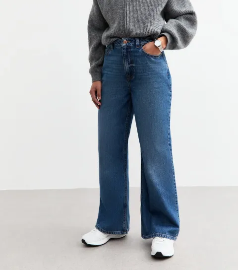 Women's Petite Dark Blue Adalae High Waisted Wide Leg Jeans