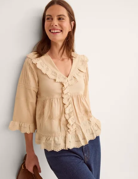 Monsoon Pure Cotton Embroidered Blouse Camel