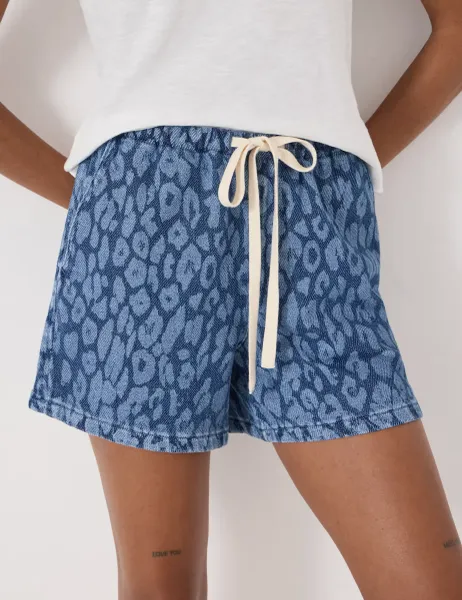HUSH Denim Leopard Print Shorts Light Blue Mix