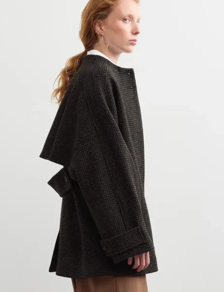 Jaeger Pure British Wool Textured Funnel Neck Coat Black Mix