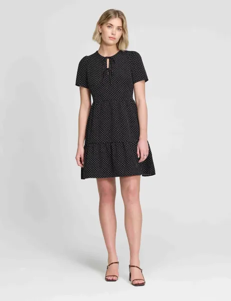 Finery London Polka Dot Tie Front Tiered Mini Dress Black Mix
