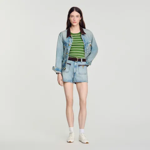 Denim shorts with leather detail
