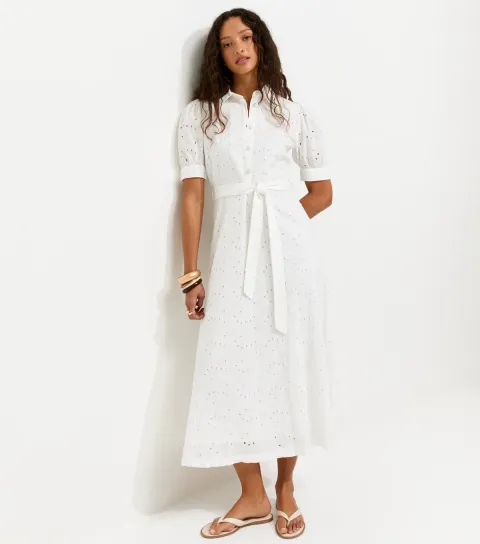 Women's White Broderie Shirt Midi Dress