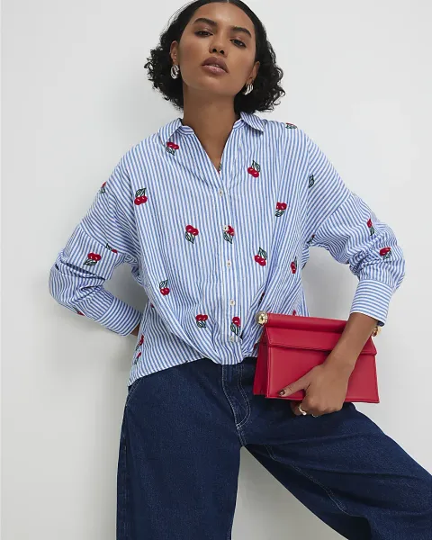 River Island Cotton Stripe Cherry Knot Front Shirt