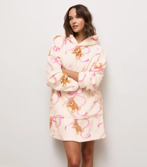 New Look Women's Cream Bear Bow Fleece Oversized Blanket Hoodie