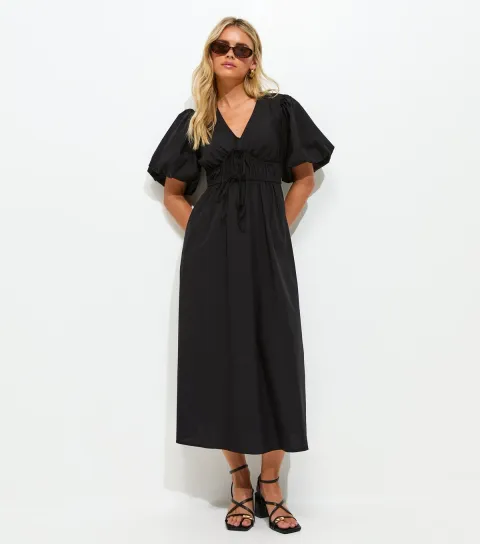 Women's Petite Black Puff Sleeve Midi Dress