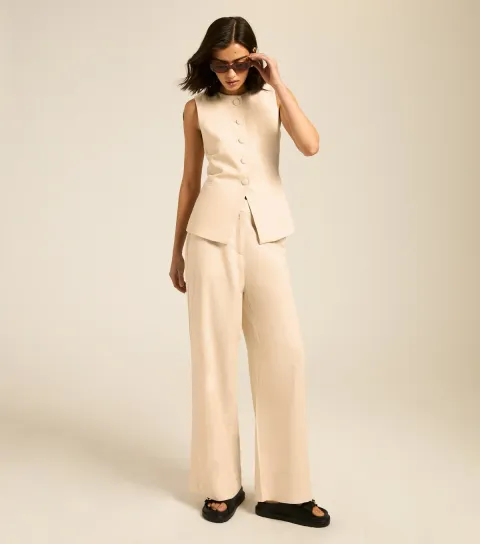 Women's Stone Linen Blend Wide Leg Trousers