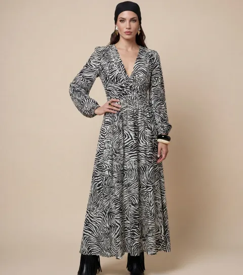 Urban Bliss Women's Black Zebra print Long Sleeve Maxi Dress